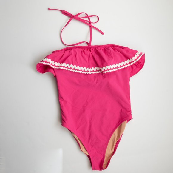 J.Crew One Piece Bathing Suit Ruffle Bandeau Swim Suit Rickrack Trim Pink Size 4 - Picture 2 of 7